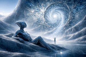 Futuristische silberblaue Gestalt liegt entspannt in einer eisigen Landschaft und blickt auf einen gigantischen spiralförmigen Lichtwirbel am Himmel. Eine kleinere Figur steht weiter entfernt auf der gefrorenen Fläche mit erhobenen Armen. Die Szene wirkt gleichzeitig außerirdisch und meditativ, geprägt von kalten Blau- und Weißtönen und kristallinen Strukturen.