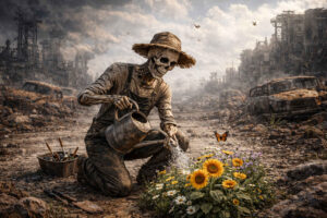 Ein skelettartiger Gärtner kniet in einer zerstörten Industrielandschaft und gießt sorgfältig ein Beet aus Sonnenblumen und wilden Blüten. Um ihn herum liegen rostige Fahrzeuge und zerfallene Fabriken unter grauem Himmel. Ein Schmetterling schwebt über den Blumen und bildet einen stillen Kontrast zur Trostlosigkeit der Umgebung. Das Bild wirkt zugleich apokalyptisch und zärtlich.