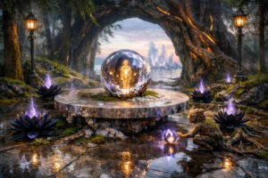 Verwunschener Waldtempel mit steinerner Plattform und gläserner Kugel, in deren Innerem eine leuchtende menschliche Figur erscheint. Dunkle Lotusblüten mit violettem Feuer umgeben den Ort, während ein kleines fantasieartiges Wesen die Szene beobachtet. Im Hintergrund öffnen sich Felsformationen zu einer stillen Küstenlandschaft. Lichtreflexe auf nassem Stein verleihen dem Bild eine geheimnisvolle Atmosphäre.