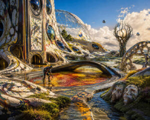 Eine surreal-futuristische Landschaft mit weißen biomorphen Gebäuden und spiegelnden Wasserflächen liegt unter warmem Tageslicht. Im Vordergrund beugt sich eine kleine menschliche Figur über ein rundes Wasserbecken, dessen Oberfläche rotgolden schimmert. Sanft geschwungene Brücken und organische Bögen verbinden die Architektur mit flachen Kanälen und moosbewachsenen Wegen. Rechts ragen teilweise versunkene steinerne Gesichter aus dem Wasser hervor, als würden sie aus einer anderen Zeit stammen. Im Hintergrund erhebt sich eine transparente geodätische Kuppel gegen einen blauen Himmel mit Wolken. Das Bild verbindet stille Eleganz mit geheimnisvoller futuristischer Symbolik.