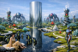 Ein gigantischer silberner Zylinder erhebt sich aus einer symmetrischen Parklandschaft voller Wasserwege und futuristischer Türme. Im Vordergrund sitzt eine Frau in goldenem Gewand am Rand eines dunklen Beckens neben schwarzen organischen Skulpturen. Zwei riesige spinnenartige Maschinen stehen in der Ferne zwischen kristallinen Formationen. Die gesamte Szene wirkt wie ein utopischer Garten einer fremden Zivilisation.