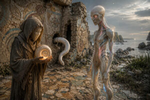 An den Ruinen einer alten Küstenanlage begegnen sich eine verhüllte Gestalt und ein filigraner humanoider Android. Die vermummte Figur hält eine leuchtende Nautilusmuschel in den Händen, deren Licht warm auf den zerfallenen Mosaikboden fällt. Hinter ihnen windet sich eine große helle Spirale durch die Ruinenlandschaft. Das Meer und felsige Küstenformationen liegen im Hintergrund unter einem stillen Himmel. Die Szene verbindet archaische Symbolik mit futuristischer Zerbrechlichkeit und stiller Fremdheit.