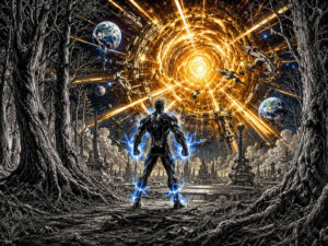 Eine muskulöse futuristische Figur steht zwischen kahlen Bäumen und blickt auf ein gigantisches goldenes Portal im All. Raumschiffe und Planeten kreisen um die leuchtende Energieöffnung, aus der Lichtstrahlen hervorschießen. Elektrische blaue Energie umgibt die Beine und Hände der Figur. Die Szene verbindet Science-Fiction, Comicstil und kosmische Dramatik.