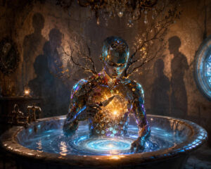 Eine humanoide Figur aus buntem Mosaikmaterial sitzt in einer alten Badewanne voller spiralförmig leuchtenden Wassers. In den Händen hält die Gestalt eine goldene Kugel, die von feinen Lichtadern durchzogen ist und den Raum erhellt. Hinter ihr werfen mehrere unscharfe Schatten menschlicher Figuren lange Konturen auf die Wände. Feine Zweige wachsen hinter dem Körper hervor wie ein metallischer Baum. Kristallene Tropfen hängen von einem Kronleuchter an der Decke und spiegeln das warme Licht wider. Die Atmosphäre wirkt zugleich mystisch, intim und leicht unheimlich, wie ein Ritual zwischen Erinnerung und Kosmos.
