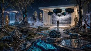 Eine futuristische Gartenlandschaft bei Nacht vereint glänzende schwarze Skulpturen, leuchtende Wasserportale und monumentale Steingesichter. Im Zentrum steht ein moderner Pavillon, über dem dunkle schwebende Formen wie Gedankenblasen hängen. Ein einsamer Mensch blickt auf eine riesige Projektion mit Dinosauriern und Gewitterhimmel. Blaue Lichtadern fließen durch Wege und Wasserläufe und verbinden Architektur und Natur miteinander. Die Szene wirkt wie ein Traum aus Technologie, Erinnerung und künstlicher Mythologie.
