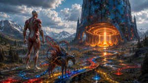 Vor einer monumentalen futuristischen Struktur steht eine anatomisch dargestellte menschliche Figur in einer weiten Gebirgslandschaft. Neben ihr befindet sich ein fantastisches Tierwesen aus leuchtenden Kabel- und Netzstrukturen in Rot, Blau und Gold. Durch die Landschaft ziehen sich glühende Linien und Wege wie ein elektrisches Adernetz. Aus dem gigantischen Bauwerk im Hintergrund strahlt ein intensiver orangefarbener Lichtkern in den Himmel. Die Szene wirkt wie eine mythologische Vision einer technologischen Zivilisation zwischen Natur, Energie und kosmischer Architektur.