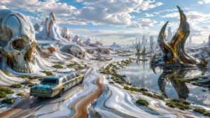 Eine weite futuristische Landschaft aus weiß glänzendem Material breitet sich unter einem hellen Himmel aus. Riesige schädelartige Formationen wirken wie aus flüssigem Stein geformt und verschmelzen mit Hügeln und Straßen. Ein bunt bemalter Stretchwagen fährt auf einer geschwungenen Straße entlang eines stillen Gewässers. Im Hintergrund erhebt sich eine ferne futuristische Stadt aus schlanken Türmen. Schwarze organische Skulpturen mit goldenen Lichtadern spiegeln sich im Wasser und verleihen der Szene eine surreale Eleganz.