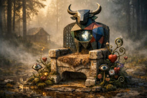Polygonaler Stier mit Hörnern sitzt auf einem steinernen Thron in sumpfiger Waldlandschaft. Im Körper der Figur leuchtet eine kosmische Galaxie wie ein Fenster ins Universum. Rund um den Thron wachsen bizarre Pflanzenformen mit Augen und Herzen. Nebel, Runenzeichen und märchenhafte Details verleihen dem Bild eine surreale Symbolik.