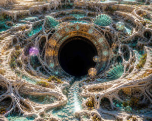 Aus einem Geflecht aus porösen, knochenartigen Strukturen öffnet sich ein riesiges schwarzes Rundportal im Zentrum einer labyrinthartigen Landschaft. Türkisfarbene Wasserkanäle durchziehen die organischen Formen und reflektieren das helle Sonnenlicht. Rund um das Portal schweben leuchtende Kugeln mit geometrischen Mustern und verstärken die mystische Wirkung der Szene. Die Architektur erinnert an eine Mischung aus Korallenriff, Tempel und außerirdischer Maschine. Trotz der Fremdartigkeit wirkt die Umgebung ruhig und fast zeremoniell geordnet.
