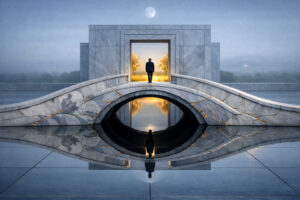 Futuristische Marmorbogenbrücke über spiegelglattem Wasser in einer stillen Landschaft bei Mondlicht. Eine einzelne Person schreitet durch ein leuchtendes Portal, während goldene Risse das Gestein durchziehen. Die perfekte Spiegelung im Wasser erzeugt eine symmetrische, traumartige Komposition. Nebel, ferne Bäume und kaltes Blau verleihen der Szene eine meditative Atmosphäre.