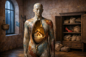 Menschliche Statue mit geöffnetem Oberkörper steht in einem alten steinernen Raum voller Säcke und Möbel. Im Inneren der Figur sitzt eine kleine Familie mit Kind in warmem Licht wie in einem geschützten Nest. Eine einzelne rote Schuhsilhouette im Schrank erzeugt einen irritierenden Akzent. Die Szene wirkt zugleich intim, surreal und symbolisch aufgeladen.