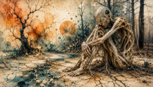 Einsame humanoide Gestalt aus verwobenen Holz- und Wurzelstrukturen sitzt nachdenklich in einer surrealen Waldlandschaft. Der Boden ist von organischen Blasenmustern und dunklen Adern durchzogen, während orangefarbene und türkisfarbene Flecken wie flüssige Tinte wirken. Kahle Bäume rahmen die melancholische Szene ein und verleihen ihr eine traumartige, fragile Atmosphäre. Die Figur wirkt zugleich menschlich, pflanzlich und zerfallend.
