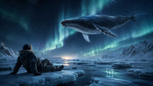 Mensch sitzt auf einer Eisfläche und blickt zu einem gigantischen Wal, der scheinbar durch den Nachthimmel unter Polarlichtern schwebt. Die kalte arktische Landschaft wird von grün-blauen Lichtschleiern erhellt. Sterne spiegeln sich im dunklen Wasser zwischen den Eisschollen. Das Bild verbindet Ruhe, Einsamkeit und traumhafte Fantasie.