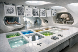 Heller futuristischer Innenraum mit organisch geschwungenen Wänden und eingelassenen Flüssigkeitsbecken in verschiedenen Farben. Zeichnungen biologischer Strukturen hängen von einer Schiene an der Decke. Im Hintergrund ist ein großes künstliches Gehirn mit technischen Leitungen verbunden. Die sterile Umgebung wirkt zugleich wissenschaftlich und surreal.