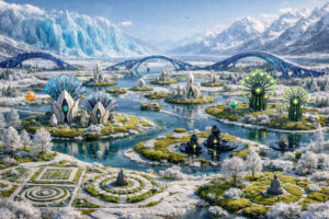 Weite verschneite Fantasielandschaft mit Inseln, kristallinen Bauwerken und leuchtenden futuristischen Pflanzen. Geschwungene Brücken überspannen eisiges Wasser vor mächtigen Gebirgen. Dunkle glänzende Objekte mit grünem Licht stehen zwischen meditierenden Figuren. Die Szene wirkt wie eine Mischung aus Zen-Garten, Science-Fiction und arktischer Traumwelt.