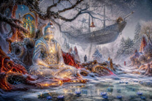 Eine große Buddhafigur sitzt meditierend in einer verschneiten Landschaft voller gefrorener Wasserflächen und leuchtender organischer Formen. Hinter ihr schwebt ein altes Schiff zwischen kahlen Ästen und winterlichem Nebel. Der Boden ist von roten und goldenen Lichtadern durchzogen, die wie glühende Energie unter dem Schnee wirken. Kleine blaue Wasserblumen treiben auf der eisigen Oberfläche im Vordergrund. Eine gotische Fensteröffnung im Hintergrund bringt zusätzlich sakrale Stimmung in die Szene. Das Bild vereint buddhistische Ruhe, Fantasy-Elemente und eine märchenhafte