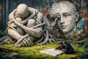 Monumentale steinerne Figur sitzt zusammengekauert im moosigen Wald und ist von wurzelartigen Strängen umschlungen. Hinter ihr erstreckt sich eine verwitterte Mauer mit einem riesigen Gesicht und einem Fernrohr vor dem Auge. Zwei Kinder knien auf dem Boden und betrachten konzentriert eine Karte. Die Szene verbindet Ruinenlandschaft, Natur und surreal-symbolische Elemente zu einer stillen Traumwelt.