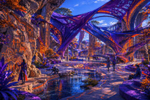Futuristische Landschaft mit leuchtend violetten Stoff- und Brückenkonstruktionen zwischen steinernen Felsen und Wasserläufen. Orangefarbene Symbole und Linien glimmen auf Wegen und Felswänden, während Menschen durch die offene Anlage spazieren. Die Szene verbindet archaische Höhlenzeichen mit visionärer Architektur und intensivem Farbspiel aus Blau, Violett und Gold.