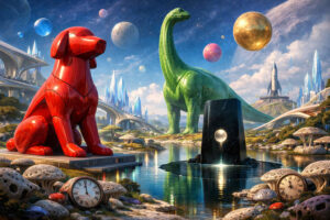 Farbenfrohe Science-Fiction-Landschaft mit riesigem grünem Dinosaurier und roter Hundeskulptur am Wasserufer. Zwischen futuristischen Brücken und Kristalltürmen schweben Planeten am Himmel. Schwarzer Monolith mit leuchtender Kugel spiegelt sich im Wasser. Uhren und pilzartige Formen verstärken die traumartige Atmosphäre.