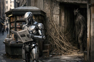 Ein silberner humanoider Roboter liest vor einem kleinen Zeitungskiosk eine Zeitung in einer engen Stadtgasse. Hinter ihm öffnet sich ein dunkler Eingang, aus dem ein verborgenes Wesen aus Wurzeln und Fell hervorschaut. Ranken überwuchern die bröckelnden Mauern und verleihen der Szene etwas Verwunschenes. Technologie und uralte Natur stehen sich schweigend gegenüber.