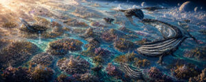 Panoramische Ansicht einer fremden Welt mit walähnlichen Flugwesen, schwebenden Inseln und verzweigten Wasserkanälen. Korallenartige Strukturen bedecken die Oberfläche. Im Hintergrund ziehen Planeten durch den Himmel. Die Landschaft verbindet biologische Formen mit futuristischen Mustern.