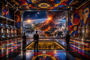 Drei Personen stehen in einer futuristischen Halle und blicken auf einen gewaltigen Vulkan. Die Landschaft erscheint durch ein riesiges Panoramafenster wie eine andere Welt oder ein ferner Planet. Farbenfrohe Mosaike bedecken Boden, Wände und Decke der Anlage. Technische Apparaturen und transparente Behälter rahmen die Szene ein. Das Bild verbindet Wissenschaft, Kunst und Naturgewalt.