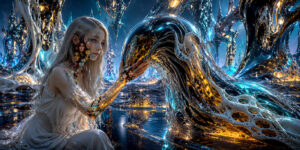 Eine junge Frau kniet in einer biomorphen Landschaft aus glänzenden Strukturen und reflektierenden Oberflächen. Vor ihr erhebt sich eine amorphe Gestalt aus schwarzem und golden leuchtendem Material. Im Gesicht und auf dem Arm erscheinen zahlreiche kleine Porträts. Kaltes Blau und warmes Gold prägen die futuristische Traumwelt.
