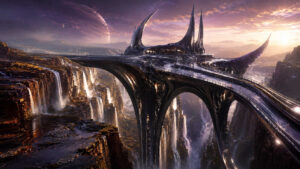 Futuristische Bauwerke erheben sich über einer gewaltigen Schlucht mit zahlreichen Wasserfällen. Elegante geschwungene Formen verbinden die Felsplateaus zu einer monumentalen Struktur. Im Hintergrund dominiert ein großer Planet den Himmel der fremden Welt. Die Szene vereint technische Raffinesse und beeindruckende Naturkulissen.