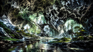 Riesige schwarz-weiße Felsgewölbe überspannen eine Landschaft mit Wasserläufen, Bäumen und kleinen Felsinseln. Die Höhlendecke erinnert an abstrakte Tuschemalerei, während Tageslicht durch große Öffnungen einfällt. Wasserfälle verbinden die verschiedenen Bereiche miteinander. Die Szene wirkt zugleich natürlich und surreal.