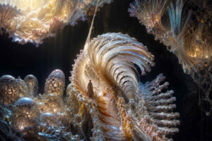 In einer riesigen dunklen Höhle erhebt sich eine spiralförmige, muschelartige Struktur aus filigranen weißen Netzwerken. Transparente Kuppeln voller kleiner Lichtpunkte gruppieren sich um die zentrale Form. Eine einzelne Gestalt steht auf einem geschwungenen Steg und wirkt winzig gegenüber dem Bauwerk. Das Bild erinnert an eine Mischung aus Kathedrale, Korallenriff und lebendem Organismus.