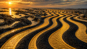 Geschwungene goldene Kanäle ziehen sich in parallelen Linien durch eine flache Küstenlandschaft. Die untergehende Sonne spiegelt sich auf den Wasserflächen und verstärkt den warmen Glanz. Dunkle Felsen bilden einen starken Kontrast zu den leuchtenden Bahnen. Das Bild verbindet Naturformen mit geometrischer Ordnung.