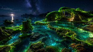 Leuchtend grüne Moosformationen umgeben flache Lagunen mit blau schimmerndem Wasser. Über der Küstenlandschaft spannt sich ein sternenklarer Nachthimmel mit sichtbarer Milchstraße. Mondlicht und biolumineszente Effekte erzeugen ein intensives Farbspiel. Die Szene wirkt gleichzeitig geheimnisvoll und idyllisch.