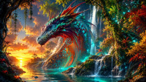 Gewaltiger farbenreicher Drache erhebt sich aus einer tropischen Landschaft mit Wasserfällen und leuchtenden Gewässern. Sein Schuppenpanzer schimmert in Türkis, Rot und Gold. Im Hintergrund geht die Sonne über dem Meer unter. Die Szene wirkt majestätisch, lebendig und voller Abenteuer.