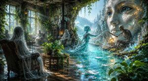 Ein überwucherter Raum mit alten Sesseln öffnet sich zu einer fantastischen Wasserlandschaft. Durchscheinende Gestalten sitzen schweigend im Halbdunkel. Im Zentrum begegnen sich ein skelettartiges Wesen und eine leuchtende Figur über einer goldenen Kugel. Pflanzen, Kristalle und Wasserflächen verschmelzen Innenraum und Außenwelt. Die Atmosphäre erinnert an einen Traum zwischen Verfall und Neubeginn.
