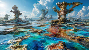 Weite Ebene mit bizarren Felsformationen erhebt sich über flachen, farbenprächtigen Wasserflächen. Türkise, blaue und rötliche Bereiche spiegeln den Himmel und die Wolken wider. Die ungewöhnlichen Gesteinsgebilde erinnern an natürliche Skulpturen einer fremden Welt. Die Landschaft strahlt Ruhe und zugleich geheimnisvolle Fremdartigkeit aus.