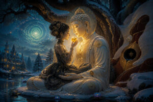 Eine junge Frau hält einem strahlenden Buddha einen leuchtenden goldenen Apfel entgegen. Beide sitzen unter einem mächtigen Baum in einer verschneiten Nachtlandschaft. Im Hintergrund spiegeln sich Lichter eines Schlosses im Wasser. Über ihnen wirbelt ein kosmischer Lichtkreis am Himmel. Das Bild verbindet Märchen, Spiritualität und stille Verbundenheit.
