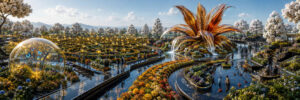 Weitläufiger Park mit labyrinthartigen Blumenbeeten und spiegelnden Wasserflächen. Eine riesige bernsteinfarbene Blüte erhebt sich über mehreren Kaskaden. Besucher flanieren zwischen farbenprächtigen Pflanzungen und leuchtenden Kugeln. Die Landschaft verbindet futuristische Gestaltung mit botanischer Fantasie.
