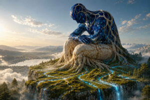Gigantische blau leuchtende Figur sitzt nachdenklich auf einem Bergplateau. Wurzelartige Strukturen verbinden den Körper mit der Landschaft. Leuchtende Wasserläufe fließen über Felsen und stürzen als Wasserfälle in die Tiefe. Die friedliche Szene verbindet Mensch, Natur und kosmische Dimensionen.