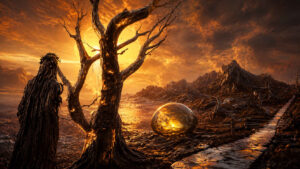 Einsame Gestalt steht vor einem knorrigen Baum in einer von orangefarbenem Licht durchfluteten Landschaft. Neben einem steinernen Weg liegt ein glänzendes goldenes Ei auf dunklem Boden. Berge und Wolken zeichnen sich gegen den leuchtenden Himmel ab. Die Szene vermittelt eine mythische und geheimnisvolle Stimmung.