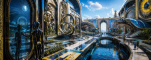 Monumentale Stadtlandschaft aus weißem Stein, Gold und tiefblauen Dekorationen. Wasserkanäle durchziehen elegante Plätze und Brücken. Riesige tierartige Architekturformen rahmen die Szene ein. Futuristische Figuren bewegen sich zwischen kunstvollen Gebäuden und Skulpturen. Die gesamte Anlage wirkt wie eine Mischung aus Palast, Tempel und Zukunftsmetropole.
