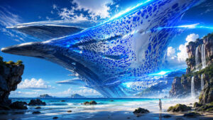 Gewaltiges blau-weißes Fluggebilde schwebt über einer tropischen Küste mit Wasserfällen und türkisfarbenem Meer. Die durchbrochene Struktur erinnert an organische Muster und futuristische Technologie zugleich. Eine einzelne kleine Person steht am Strand und verdeutlicht die monumentalen Dimensionen. Das Bild verbindet Science-Fiction, Naturkulisse und architektonische Eleganz zu einer spektakulären Szene.