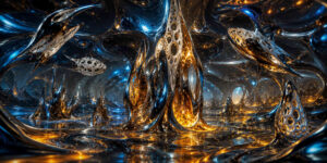 Futuristische Landschaft aus spiegelnden blauen und goldenen Strukturen, die wie geschmolzenes Metall wirken. Organische Türme und schwebende Gebilde wachsen aus einer glänzenden Oberfläche. Licht reflektiert sich in zahllosen Rundungen und Öffnungen. Die Szene erinnert an eine fremdartige technische Traumwelt.