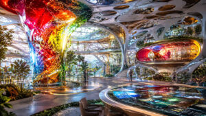 Heller futuristischer Innenraum wird von einer riesigen vielfarbigen Kristallstruktur dominiert. Organische Architekturformen umgeben Gärten, Wege und Aufenthaltsbereiche. Menschen bewegen sich zwischen den leuchtenden Elementen und erkunden die weitläufige Anlage. Die Szene verbindet Kunst, Technologie und Natur zu einem visionären Lebensraum.