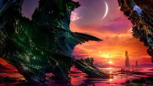 Dunkle, glänzende Formation erhebt sich vor einem intensiv roten und violetten Himmel. Ein schmaler Mond steht über einer Landschaft aus Wasserflächen und fernen Felstürmen. Zwei kleine Figuren wandern durch die Szenerie und betonen die Größe der Umgebung. Das Bild wirkt zugleich fremdartig, majestätisch und friedlich.