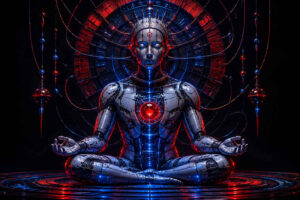 Eine humanoide Maschine sitzt in meditativer Haltung vor einem dunklen Hintergrund. Aus ihrem Brustzentrum strahlt ein intensiver roter Energiekern. Feine Kabel, Kreise und technische Strukturen bilden eine symmetrische Komposition um die Figur. Blaues und rotes Licht modellieren die metallischen Oberflächen. Das Bild verbindet Spiritualität, Technologie und innere Konzentration.