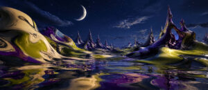 Glänzende Hügel und spitze Formationen ziehen sich durch eine nächtliche Fantasielandschaft. Violette, goldene und grüne Farbtöne verlaufen wie flüssige Farbe über die Oberflächen. Ein schmaler Mond steht über dem sternenklaren Himmel und spiegelt sich im Wasser. Die Szene wirkt wie eine Mischung aus Traumwelt und abstrakter Malerei.