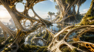 Gigantische organische Strukturen aus goldenen und hellen Netzwerken überspannen eine weitläufige Landschaft. Zwischen den filigranen Formen liegen Wasserbecken, Brücken und bewachsene Inseln. Sonnenlicht durchdringt die offenen Muster und erzeugt faszinierende Lichtspiele. Die Architektur wirkt zugleich biologisch gewachsen und technisch präzise.