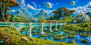 Ein farbenfroher Zug fährt über elegante Brücken durch eine futuristische Landschaft voller Seen und bepflanzter Inseln. Organisch wirkende Gebäude verschmelzen mit der Natur. Schafe grasen auf blühenden Wiesen im Vordergrund. Mehrere Monde und luftschiffartige Wesen schweben am Himmel. Das Bild zeigt eine optimistische Vision einer harmonischen Zukunft.