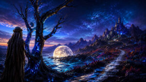 Dunkle Landschaft wird von intensiv blau leuchtenden Bäumen, Felsen und einem fernen Schloss geprägt. Ein heller Mond liegt tief am Horizont und spiegelt sich im Wasser. Ein gewundener Weg führt durch die Szene bis zur Burg in den Bergen. Das Bild verbindet märchenhafte Ruhe mit kosmischer Atmosphäre.