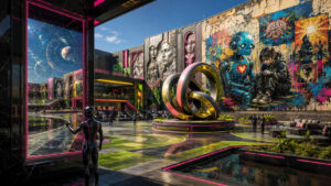 Futuristischer Innenhof zeigt monumentale Wandbilder von Menschen, Robotern und symbolischen Motiven. In der Mitte steht eine große Ring-Skulptur, während Besucher die Anlage durchqueren. Neonfarbene Akzente verbinden Kunst, Technologie und gesellschaftliche Themen. Die Szene wirkt wie ein kulturelles Zentrum einer zukünftigen Zivilisation.